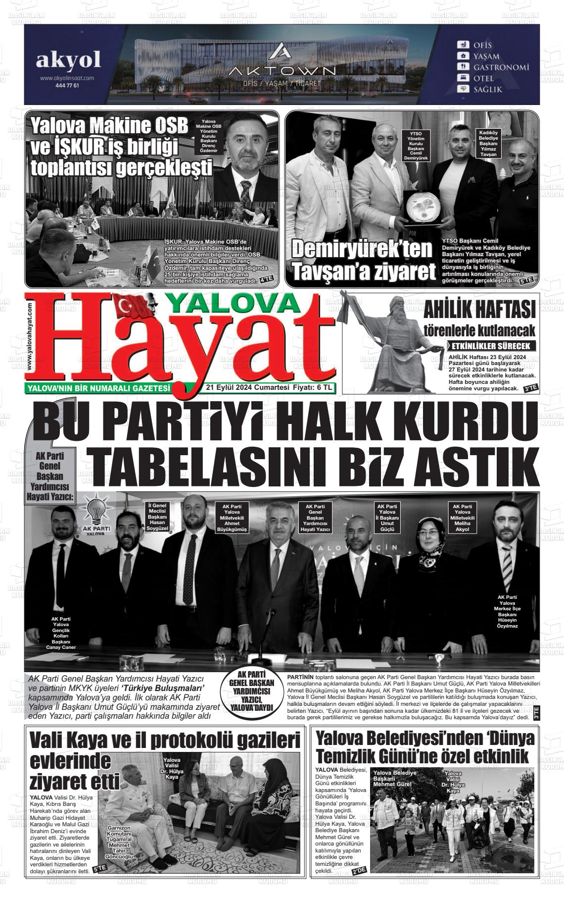 21 Eylül 2024 Yalova Hayat Gazete Manşeti