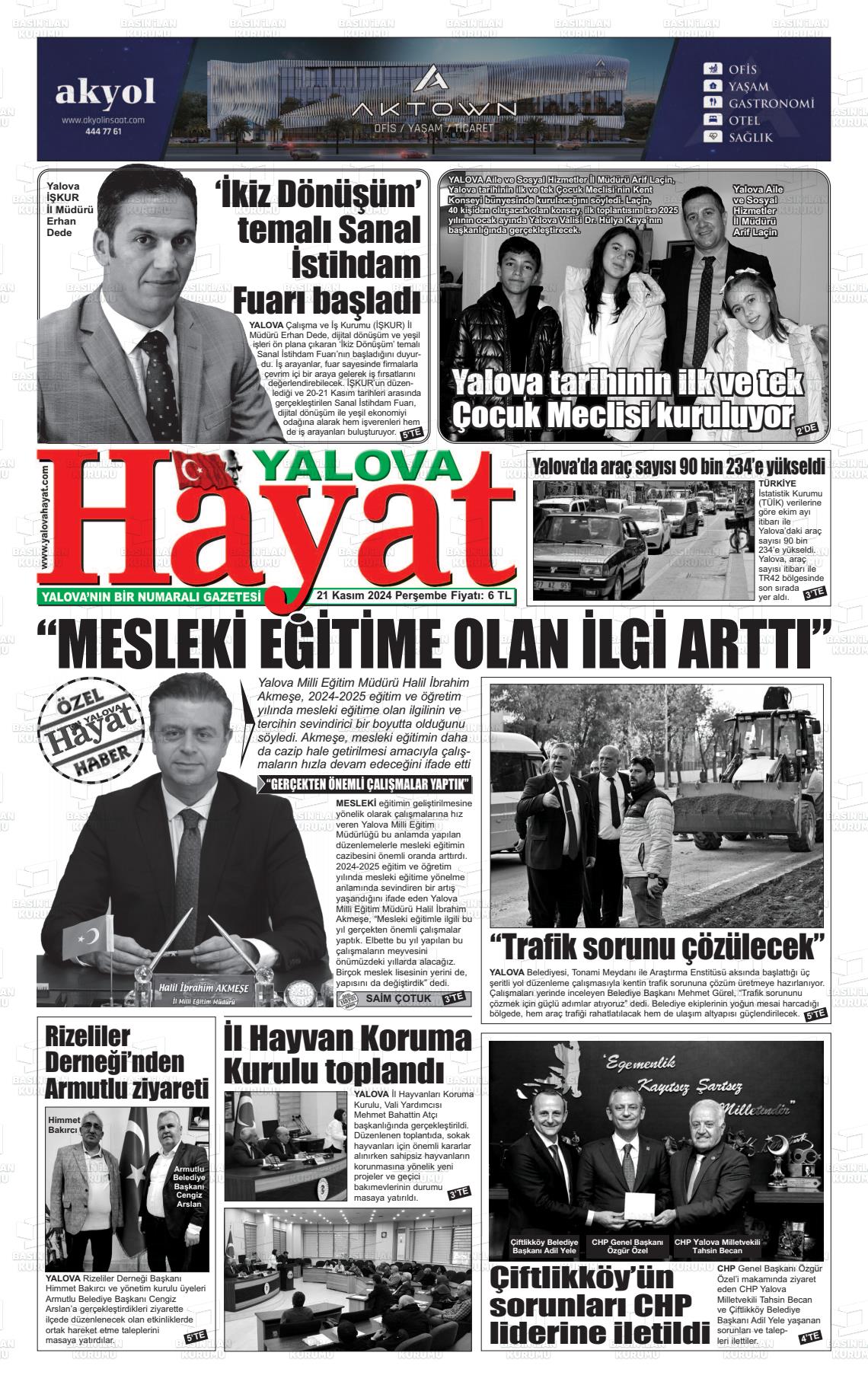 21 Kasım 2024 Yalova Hayat Gazete Manşeti