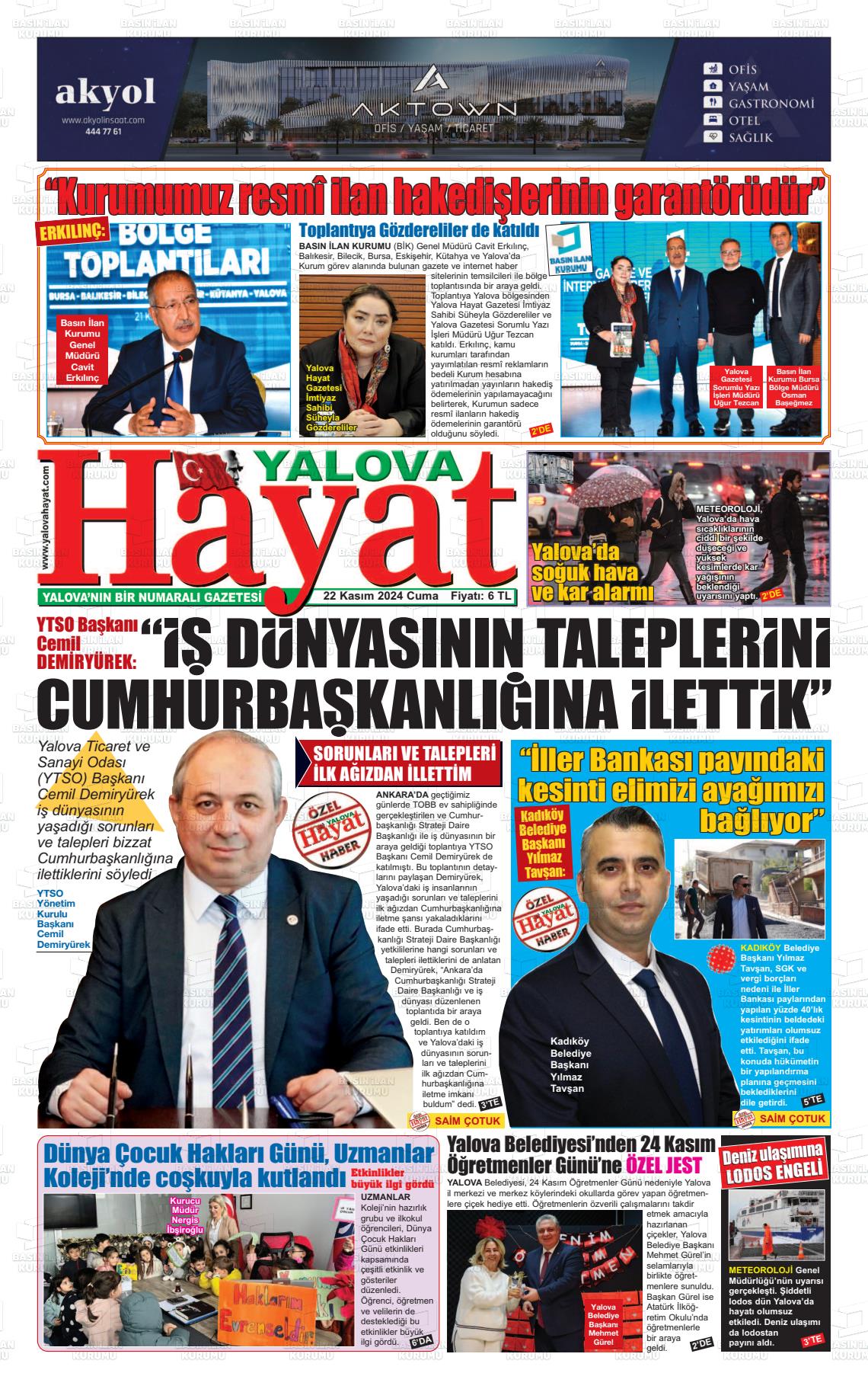 22 Kasım 2024 Yalova Hayat Gazete Manşeti