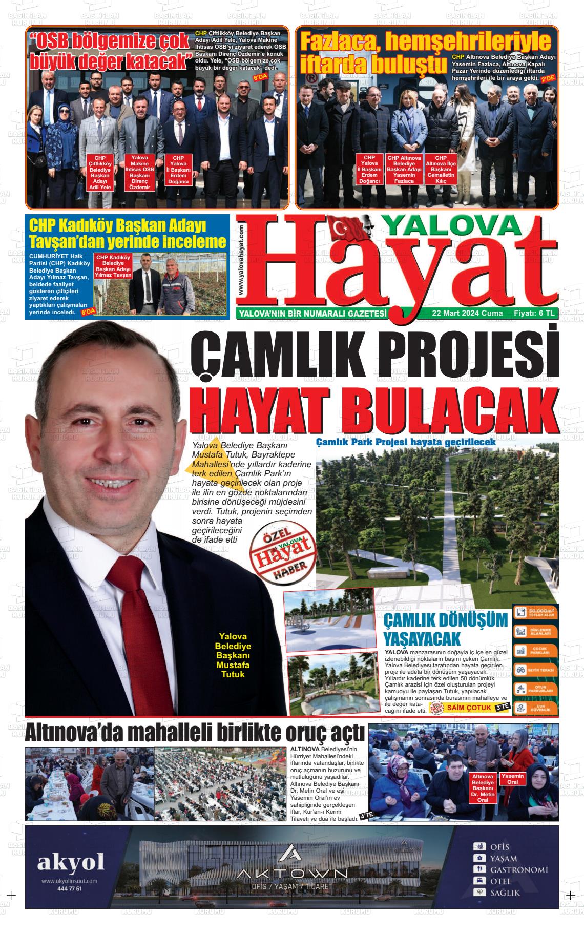 22 Mart 2024 Yalova Hayat Gazete Manşeti