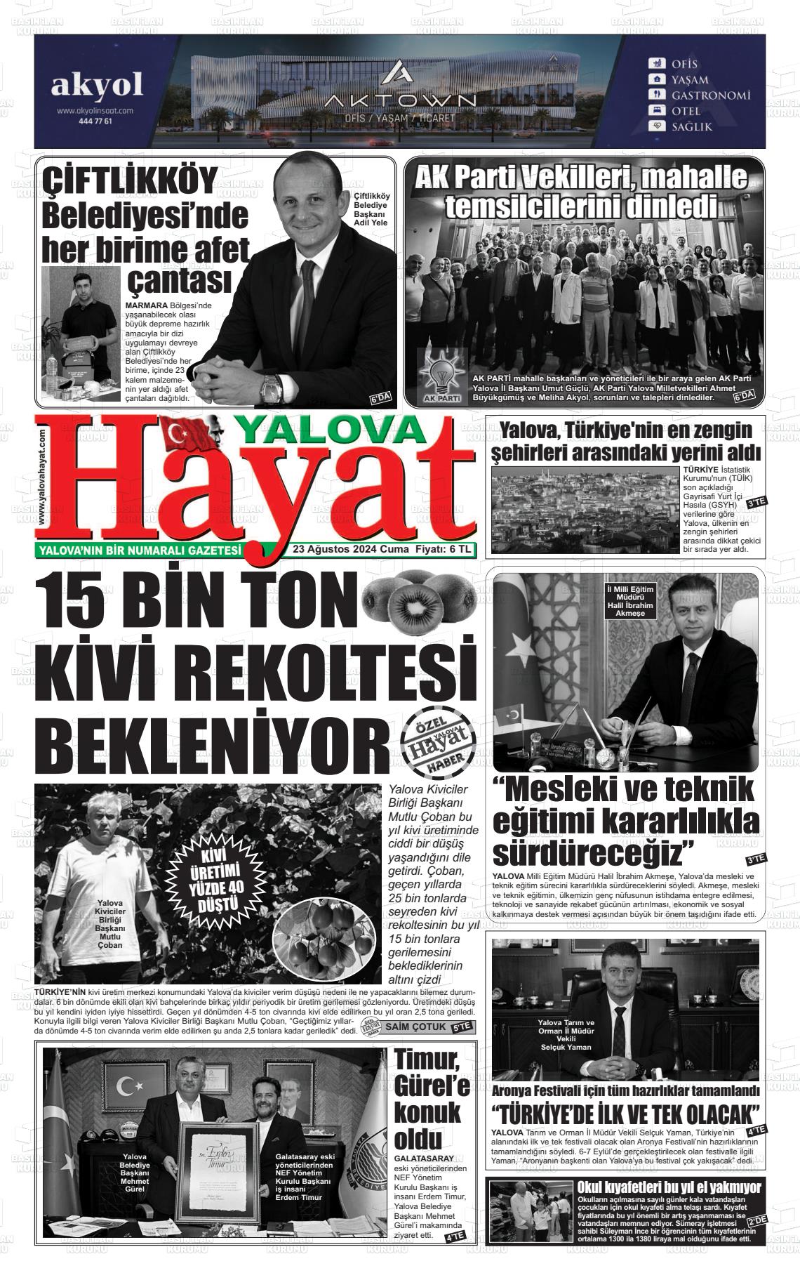 23 Ağustos 2024 Yalova Hayat Gazete Manşeti