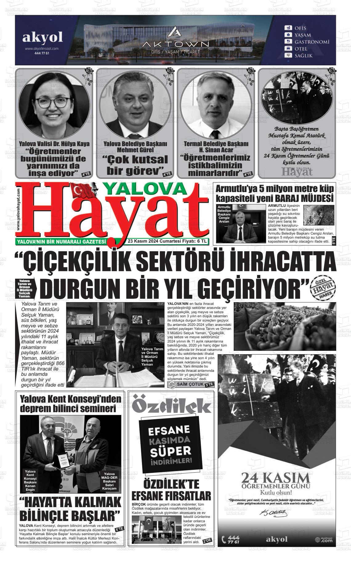 23 Kasım 2024 Yalova Hayat Gazete Manşeti