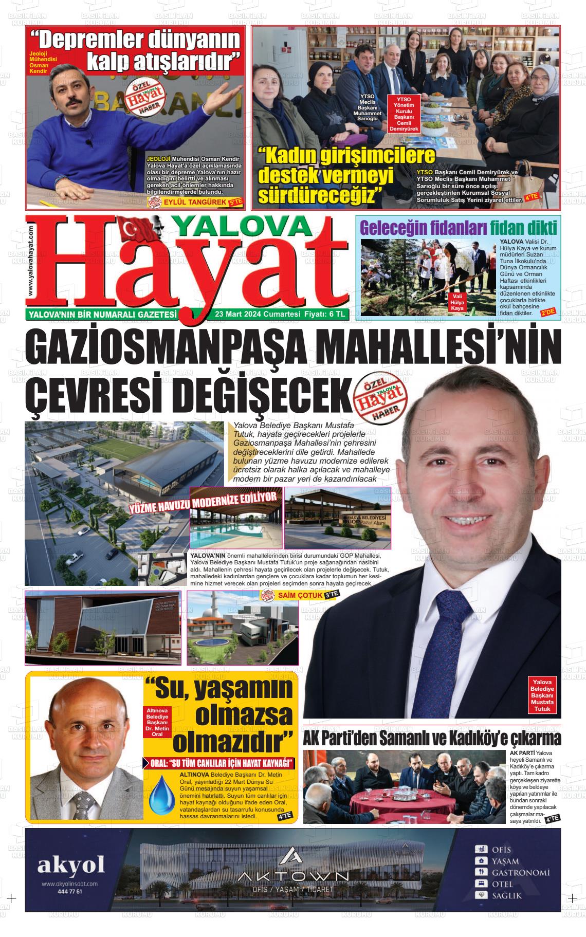 23 Mart 2024 Yalova Hayat Gazete Manşeti