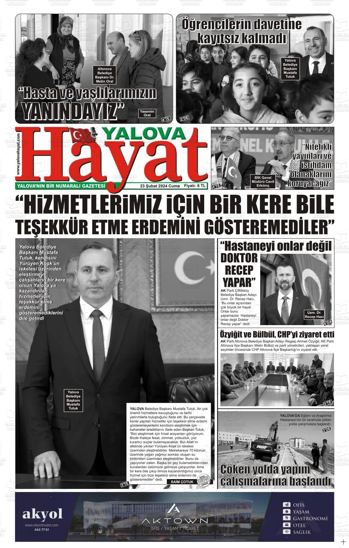 23 Şubat 2024 Yalova Hayat Gazete Manşeti