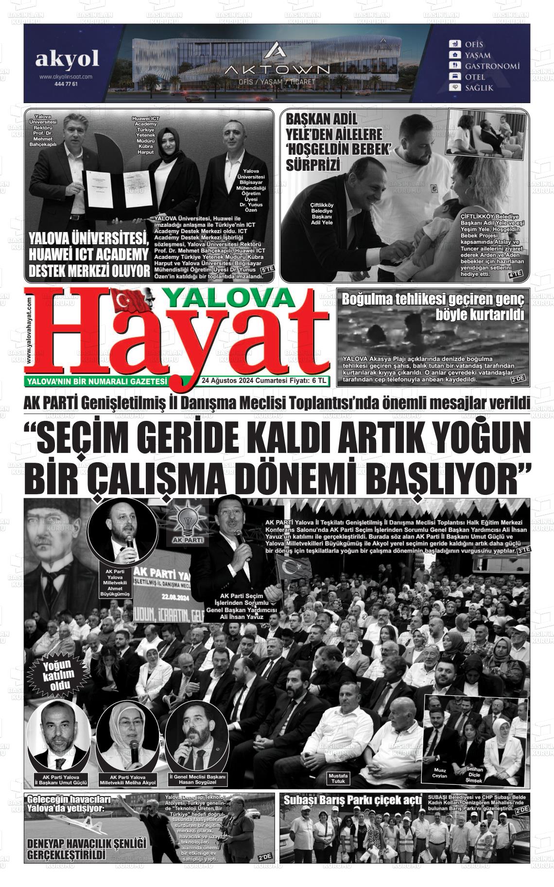 24 Ağustos 2024 Yalova Hayat Gazete Manşeti