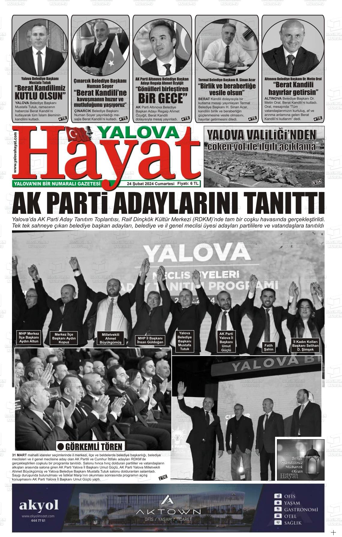 24 Şubat 2024 Yalova Hayat Gazete Manşeti