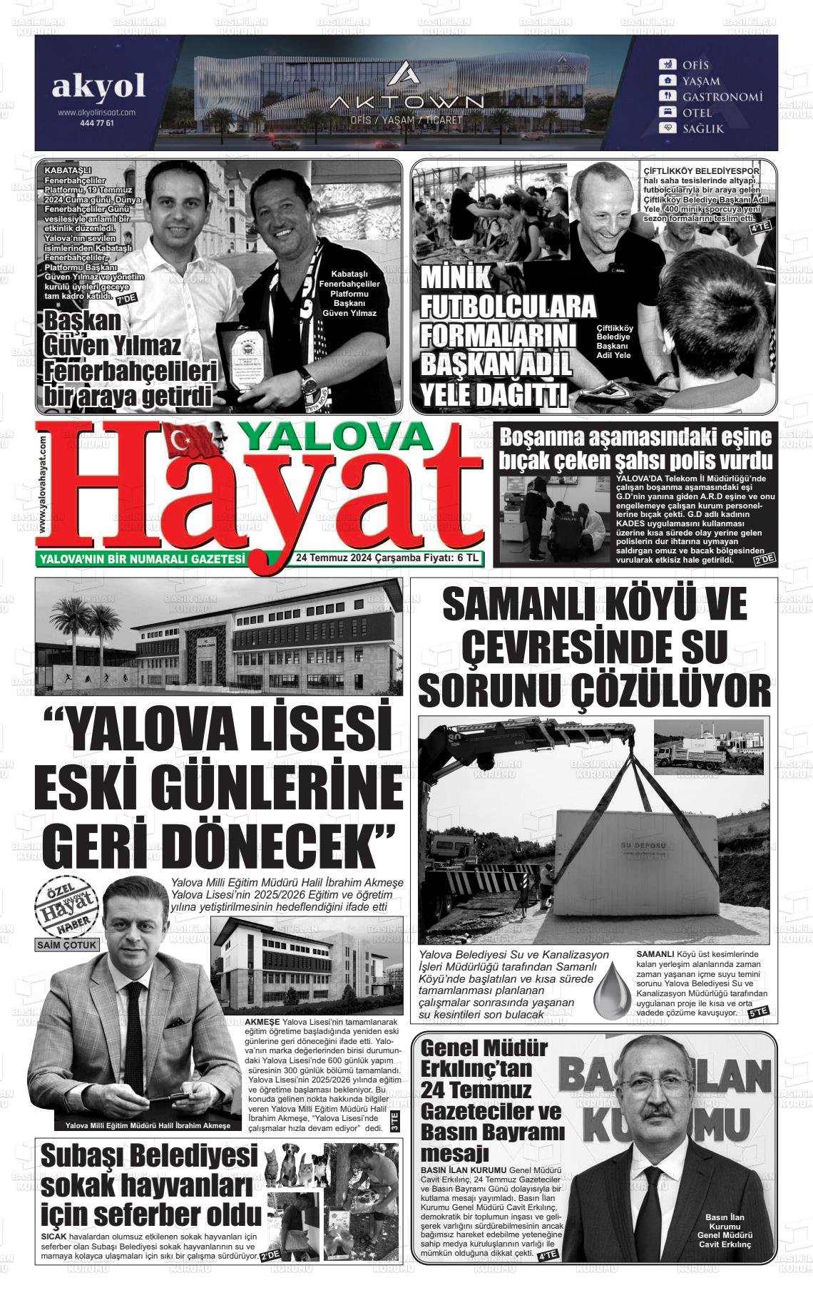 24 Temmuz 2024 Yalova Hayat Gazete Manşeti