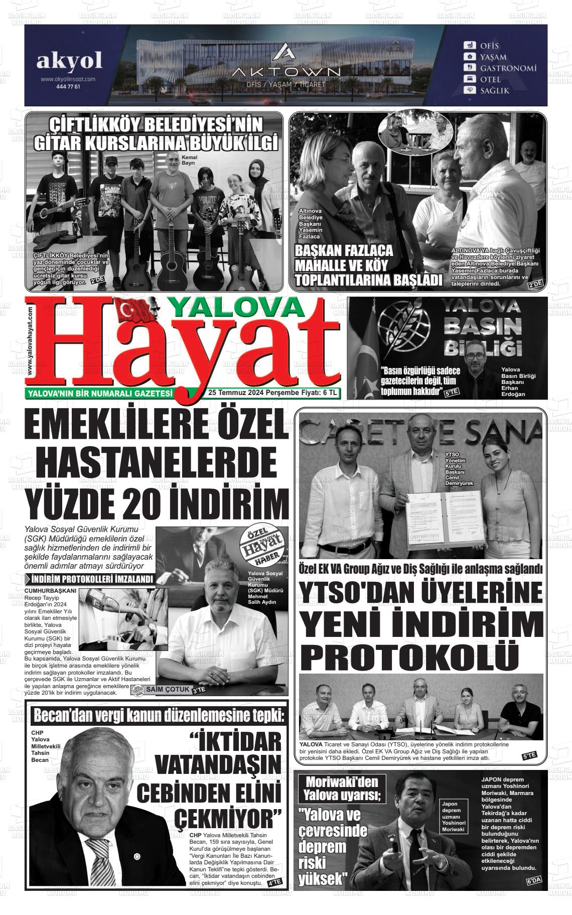 25 Temmuz 2024 Yalova Hayat Gazete Manşeti