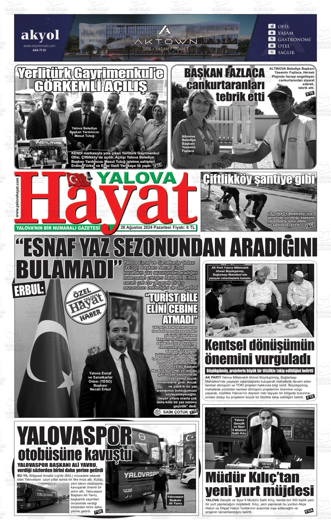 26 Ağustos 2024 Yalova Hayat Gazete Manşeti