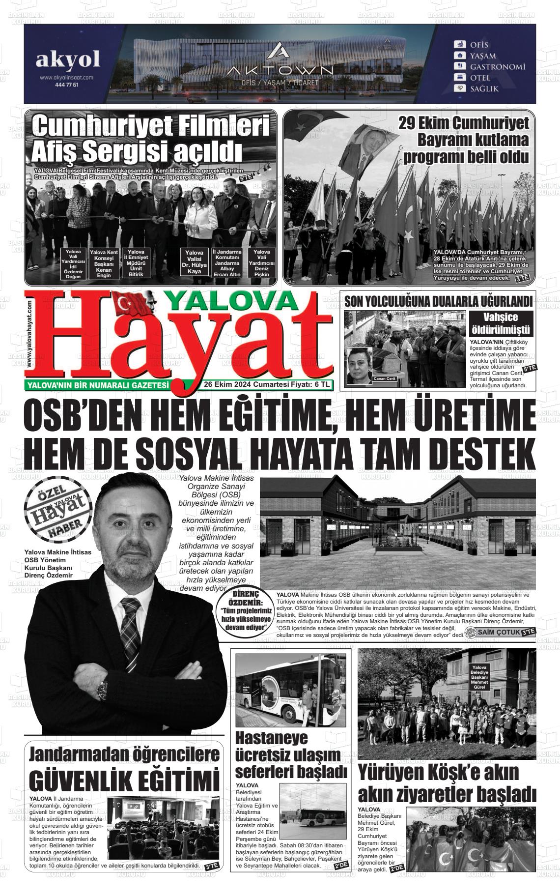 26 Ekim 2024 Yalova Hayat Gazete Manşeti