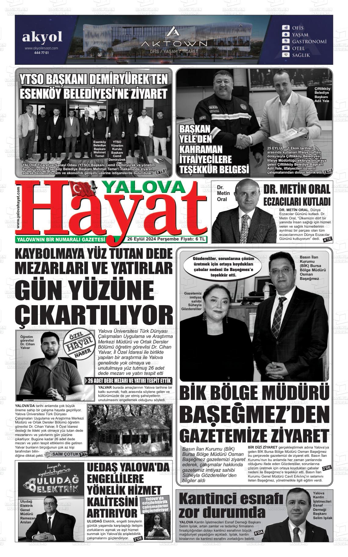 26 Eylül 2024 Yalova Hayat Gazete Manşeti