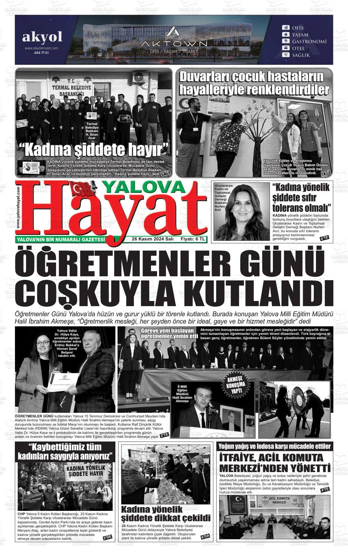 26 Kasım 2024 Yalova Hayat Gazete Manşeti