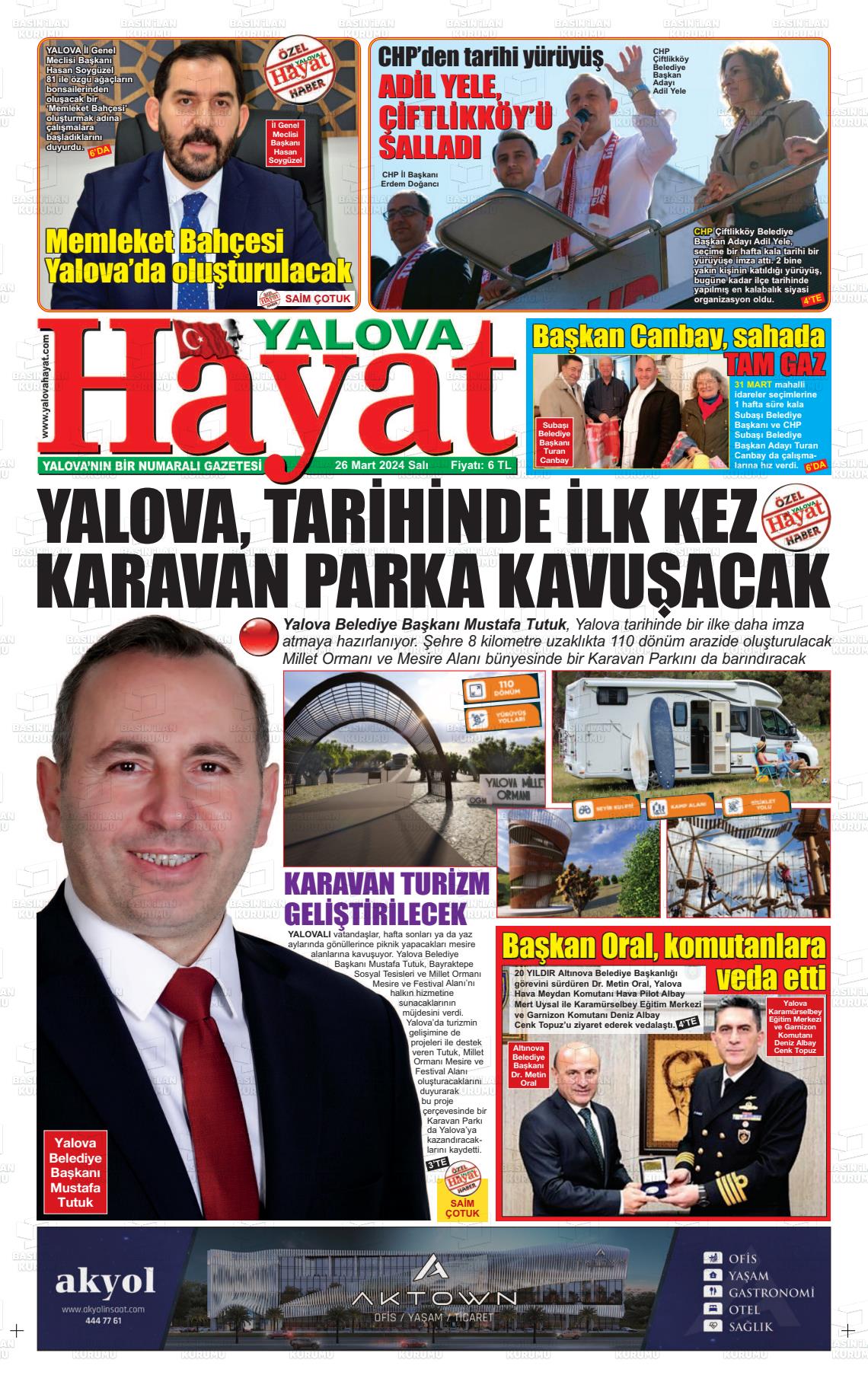 26 Mart 2024 Yalova Hayat Gazete Manşeti