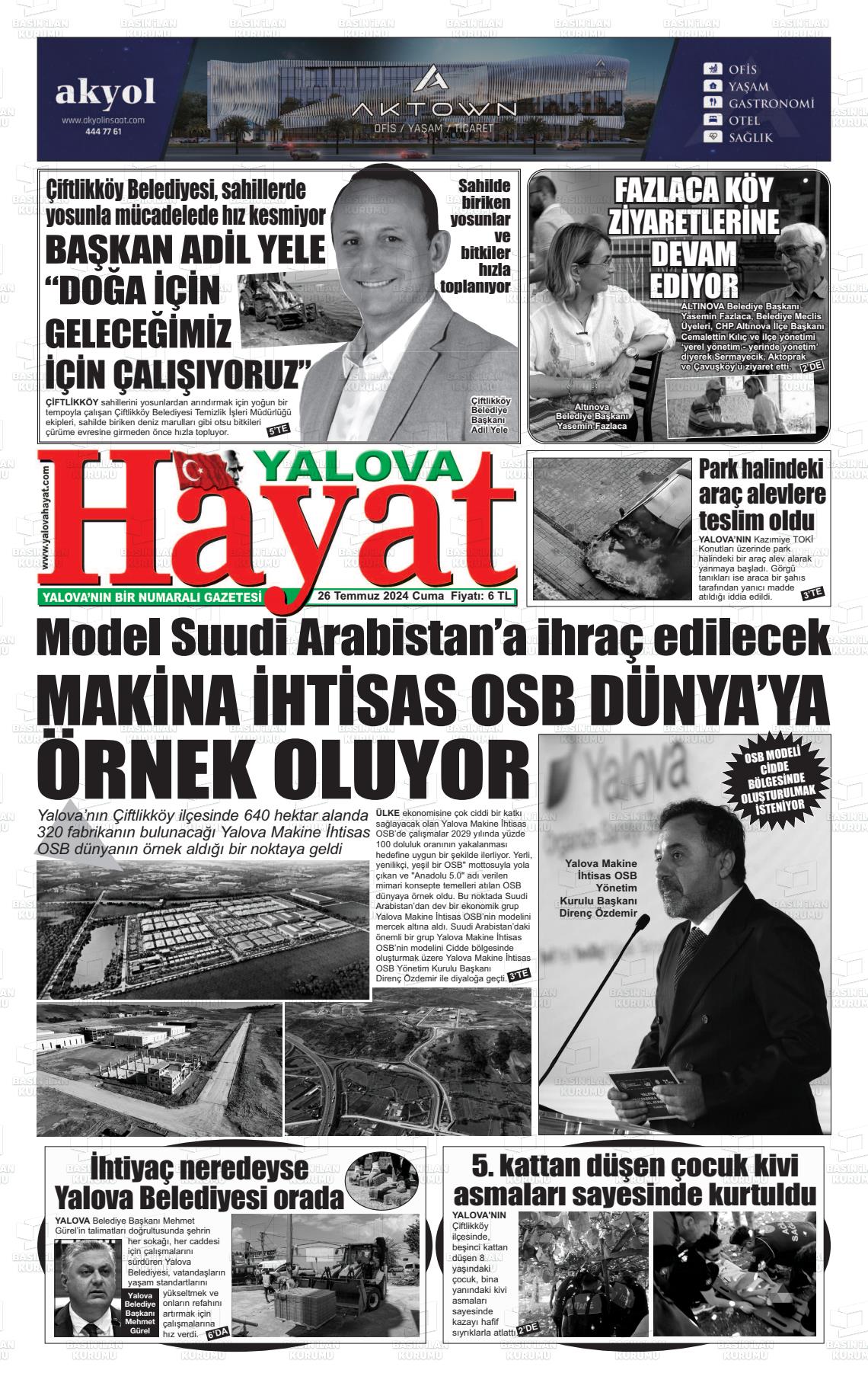 26 Temmuz 2024 Yalova Hayat Gazete Manşeti