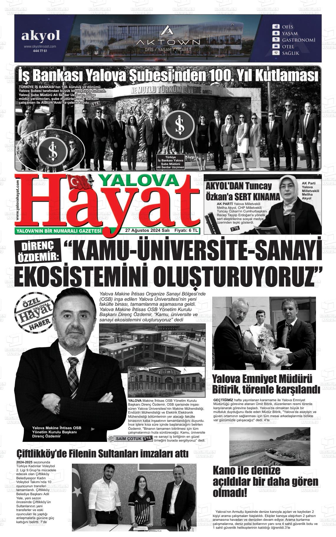 27 Ağustos 2024 Yalova Hayat Gazete Manşeti