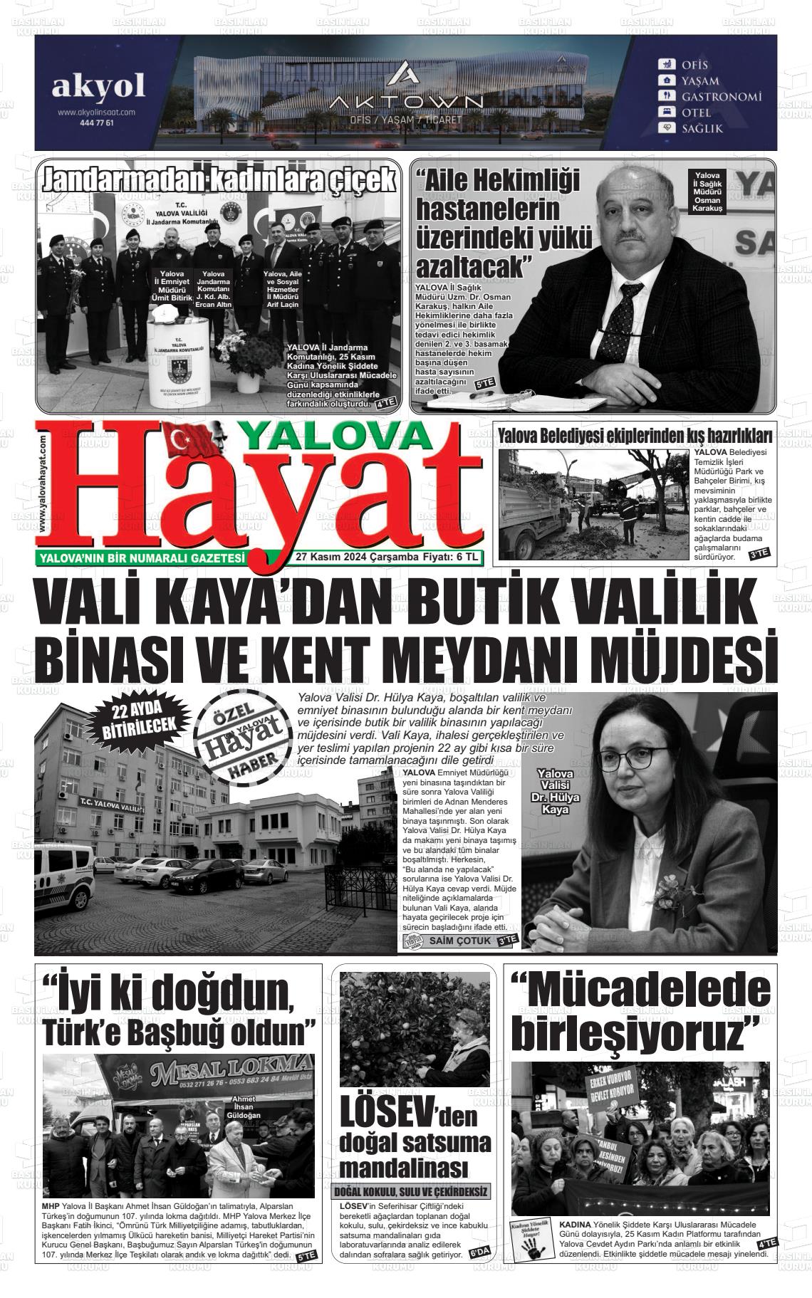 27 Kasım 2024 Yalova Hayat Gazete Manşeti