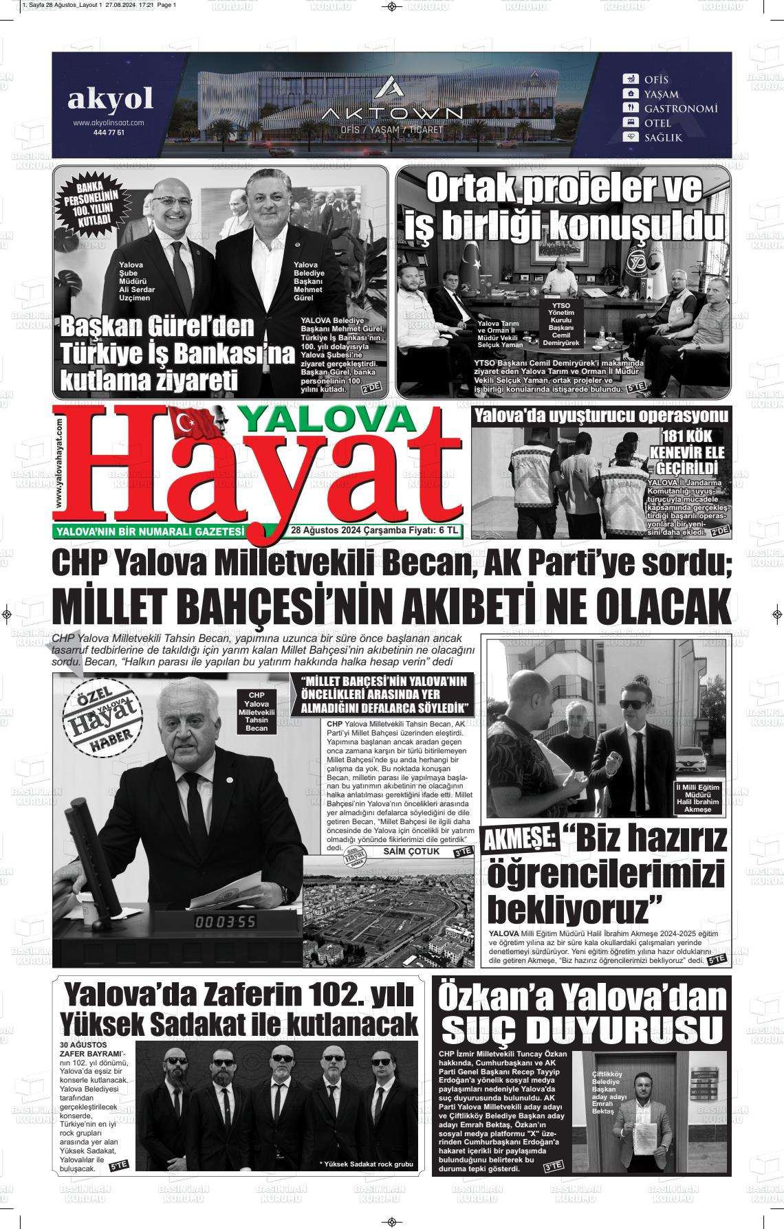 28 Ağustos 2024 Yalova Hayat Gazete Manşeti