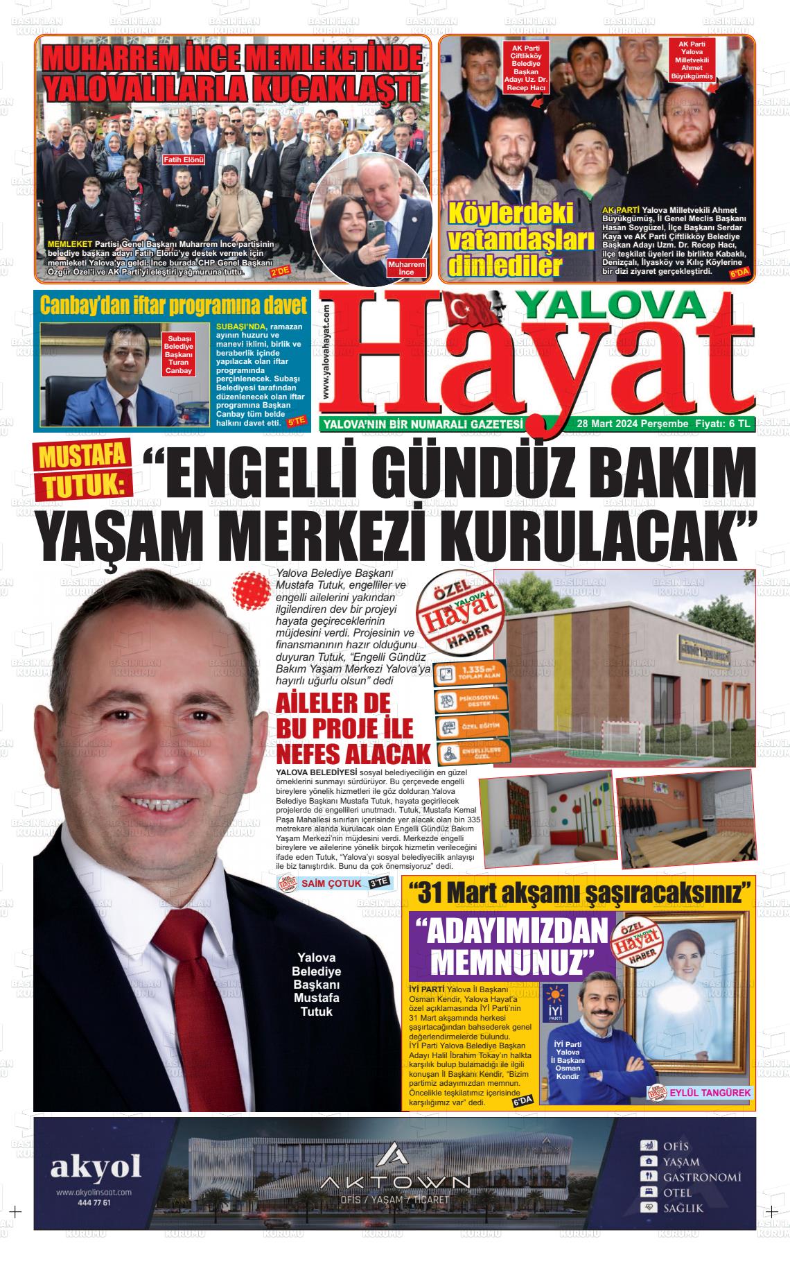 28 Mart 2024 Yalova Hayat Gazete Manşeti