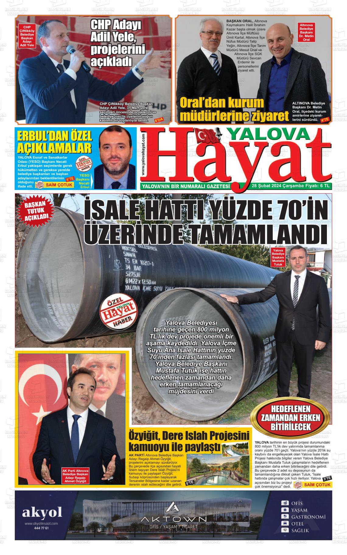 28 Şubat 2024 Yalova Hayat Gazete Manşeti