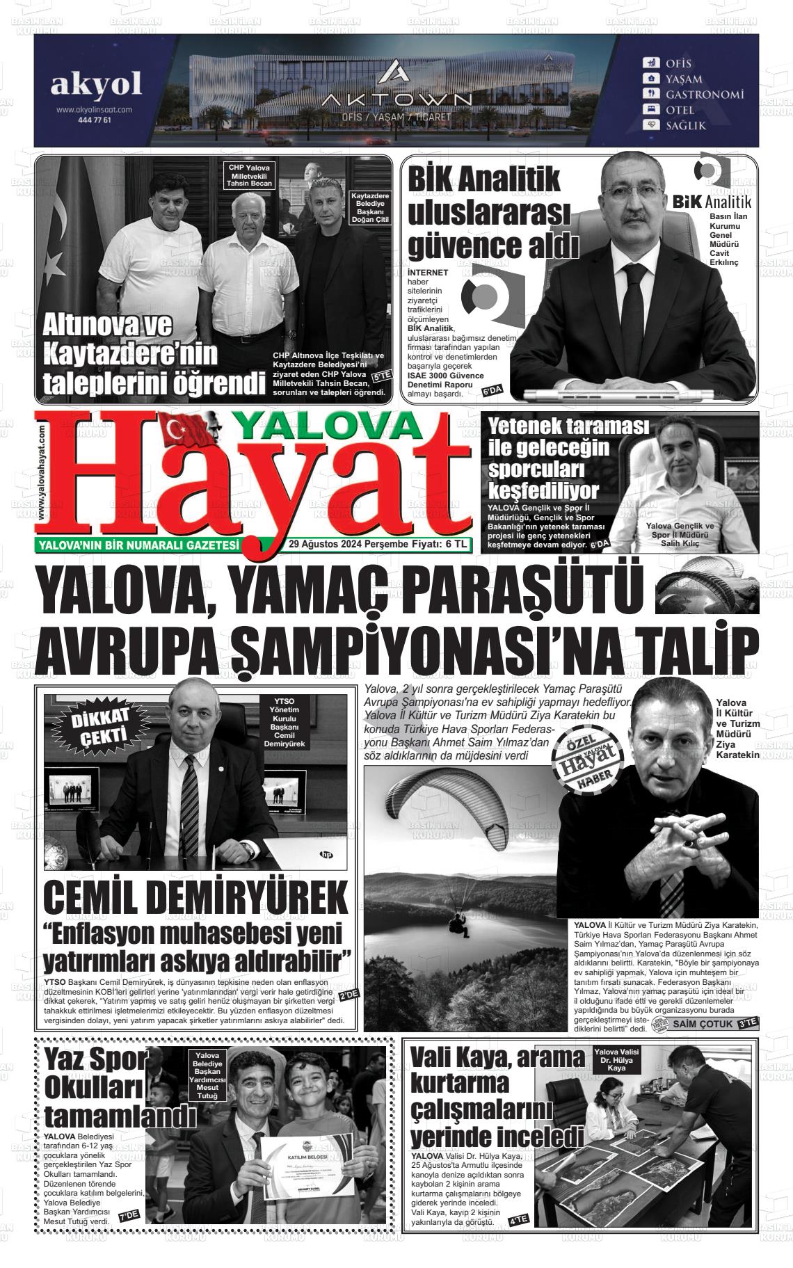 29 Ağustos 2024 Yalova Hayat Gazete Manşeti