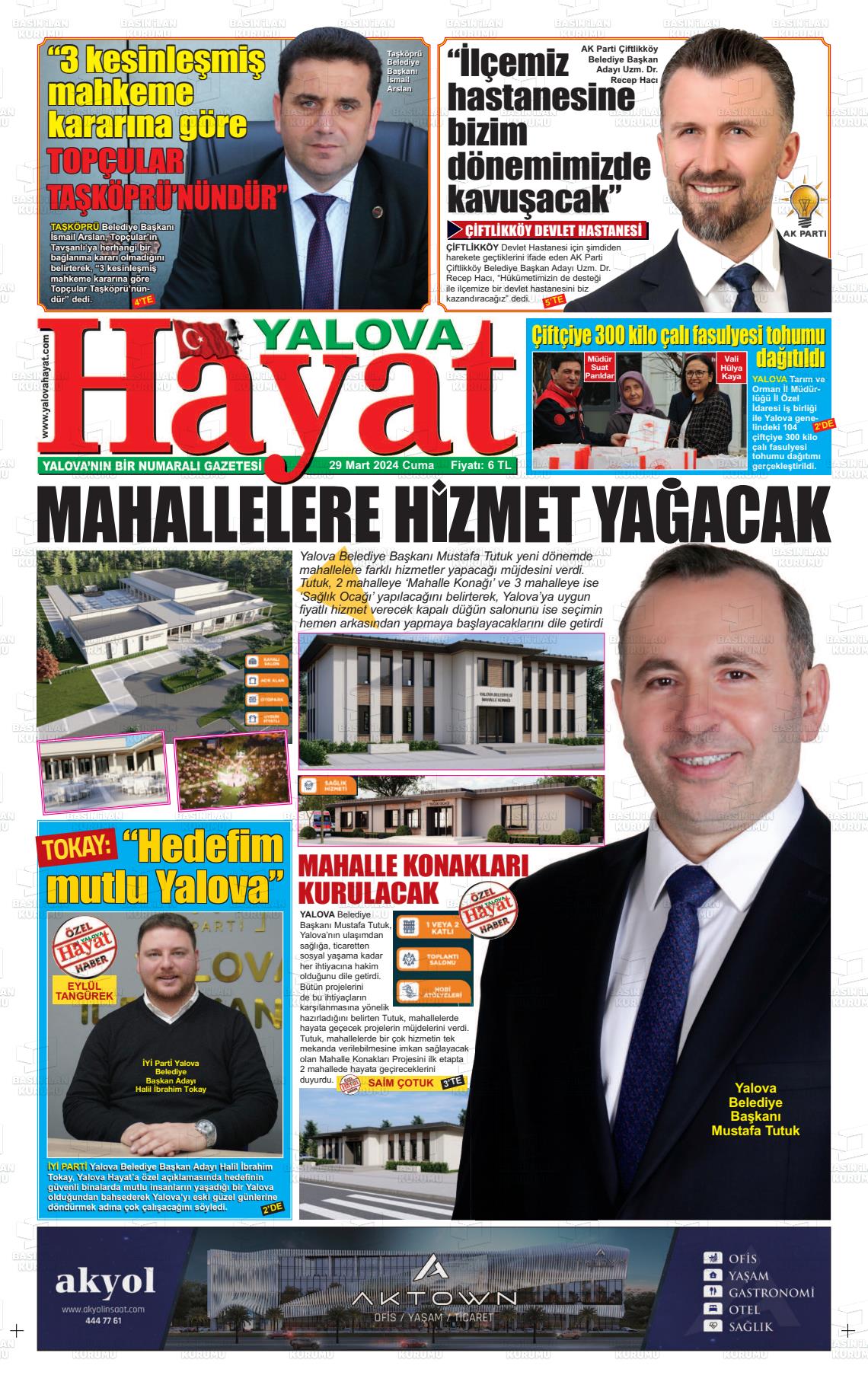 29 Mart 2024 Yalova Hayat Gazete Manşeti