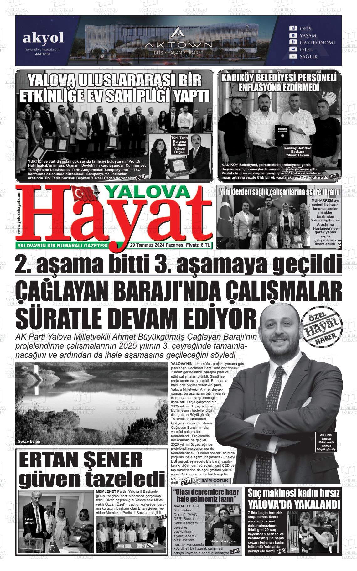 29 Temmuz 2024 Yalova Hayat Gazete Manşeti