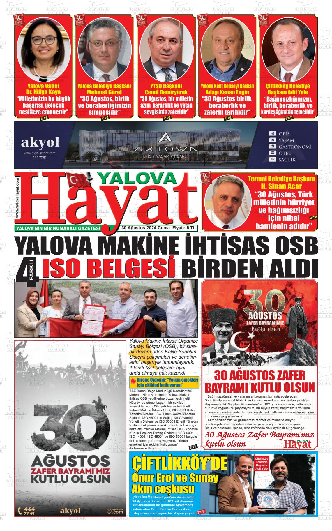 30 Ağustos 2024 Yalova Hayat Gazete Manşeti