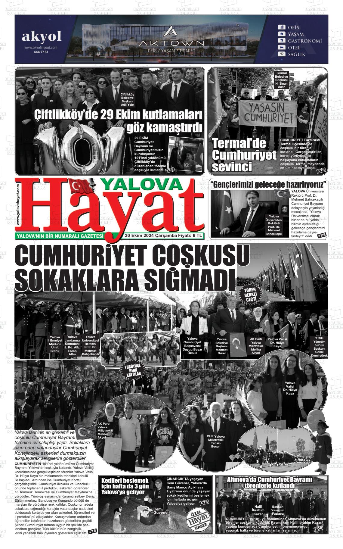 30 Ekim 2024 Yalova Hayat Gazete Manşeti