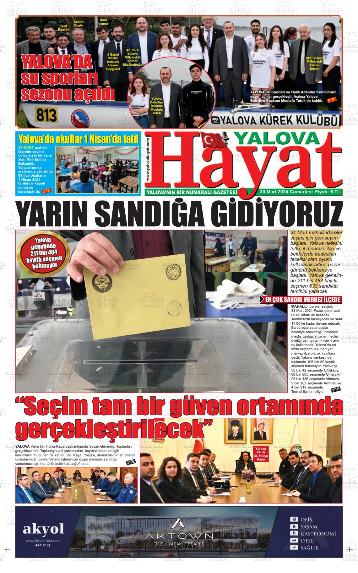 30 Mart 2024 Yalova Hayat Gazete Manşeti