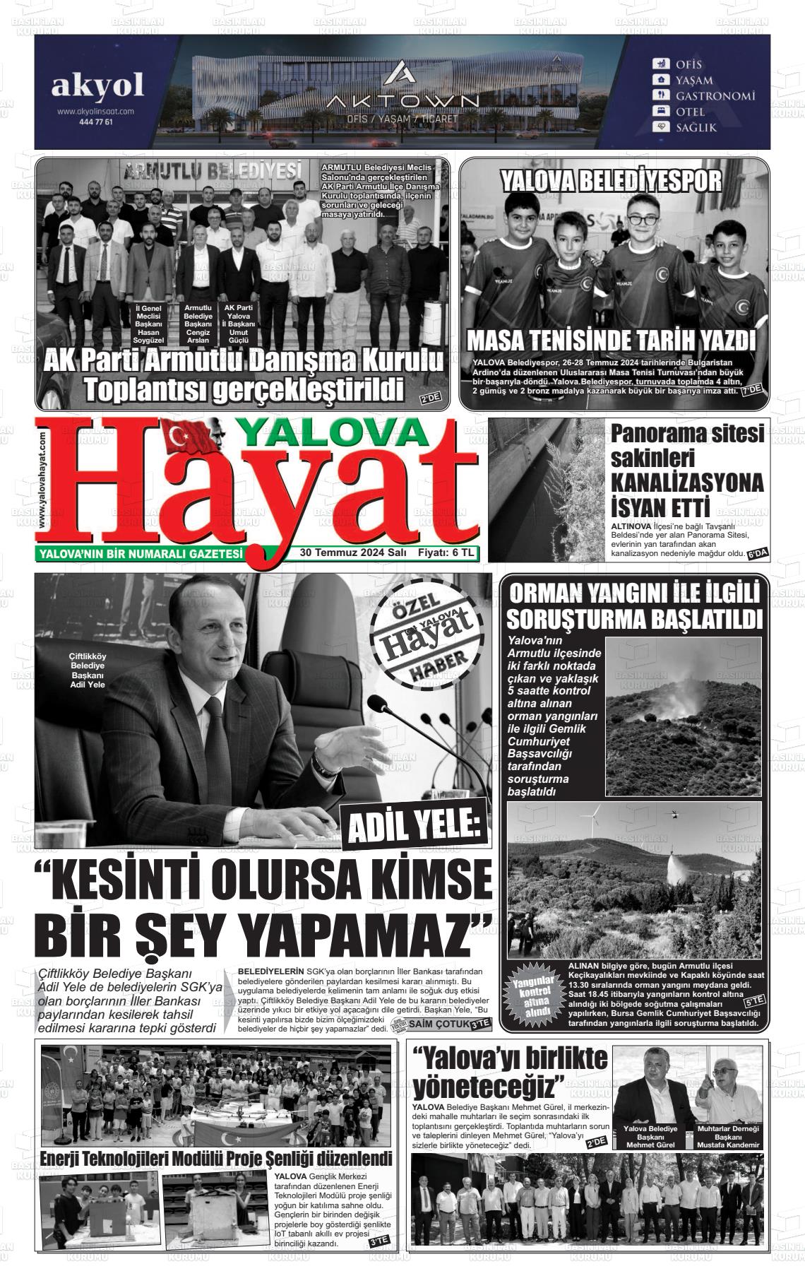 30 Temmuz 2024 Yalova Hayat Gazete Manşeti