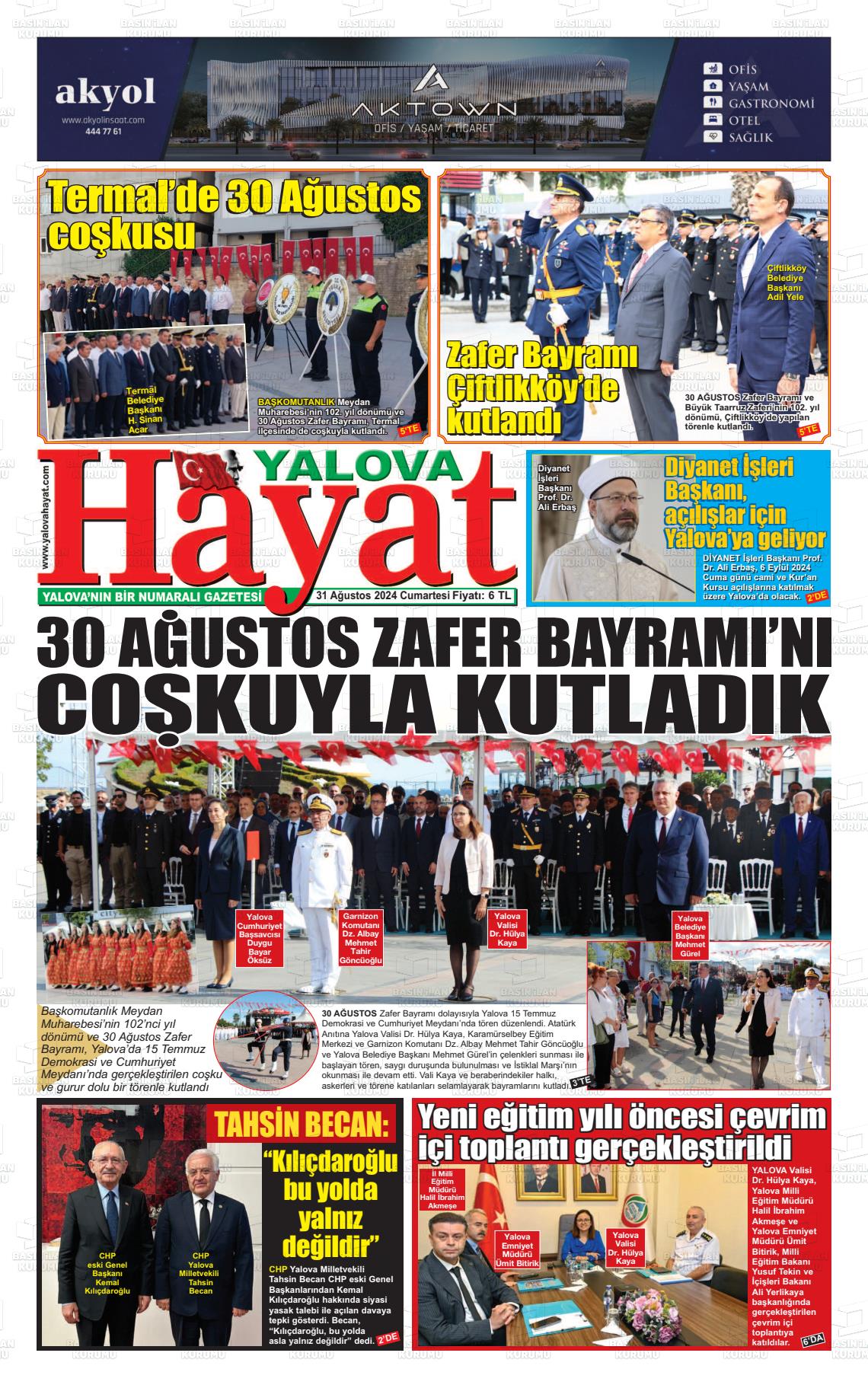 31 Ağustos 2024 Yalova Hayat Gazete Manşeti