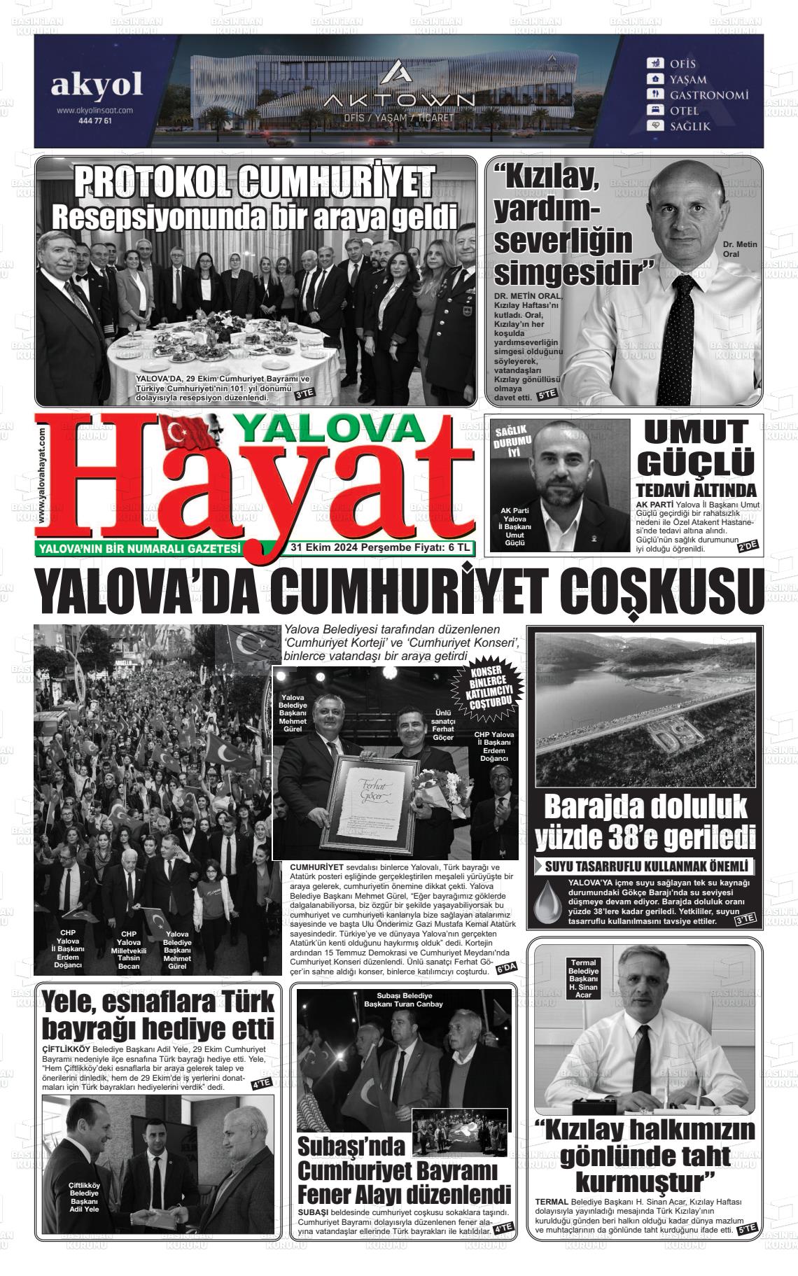 31 Ekim 2024 Yalova Hayat Gazete Manşeti