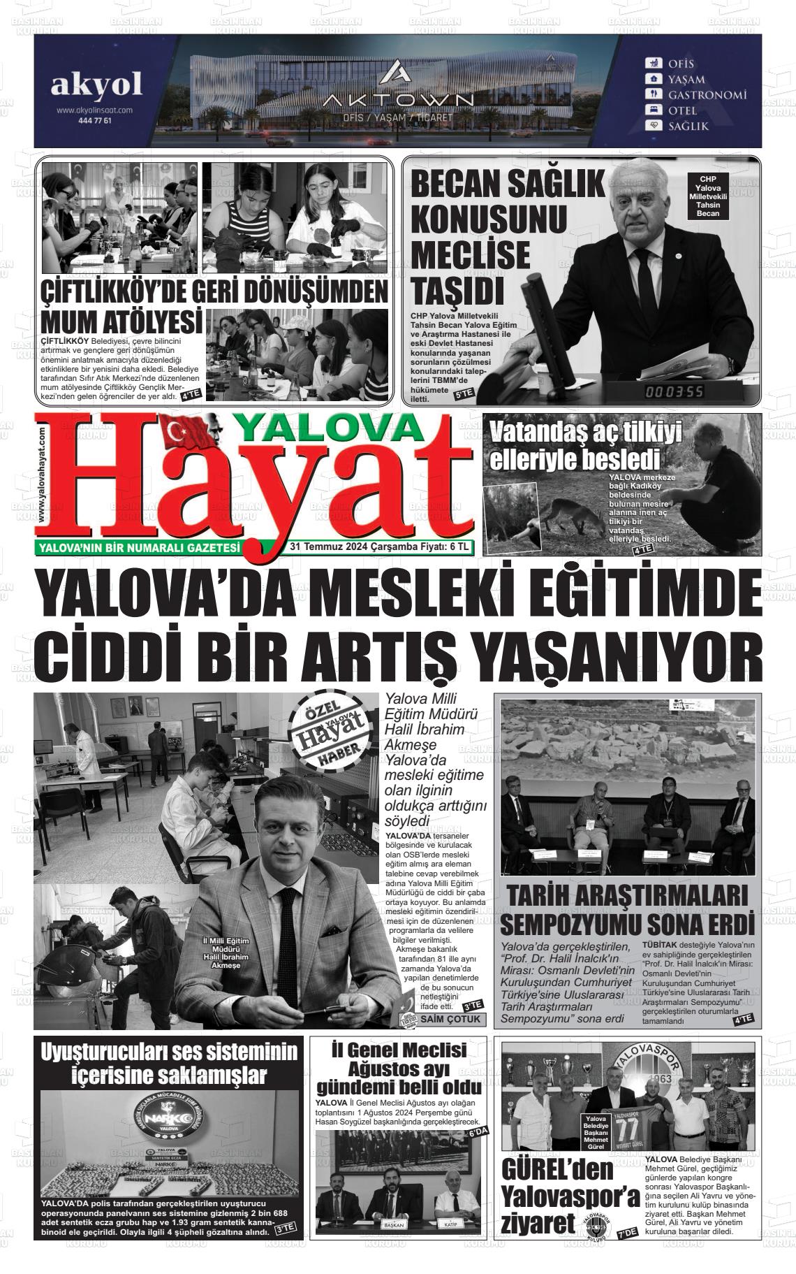 31 Temmuz 2024 Yalova Hayat Gazete Manşeti