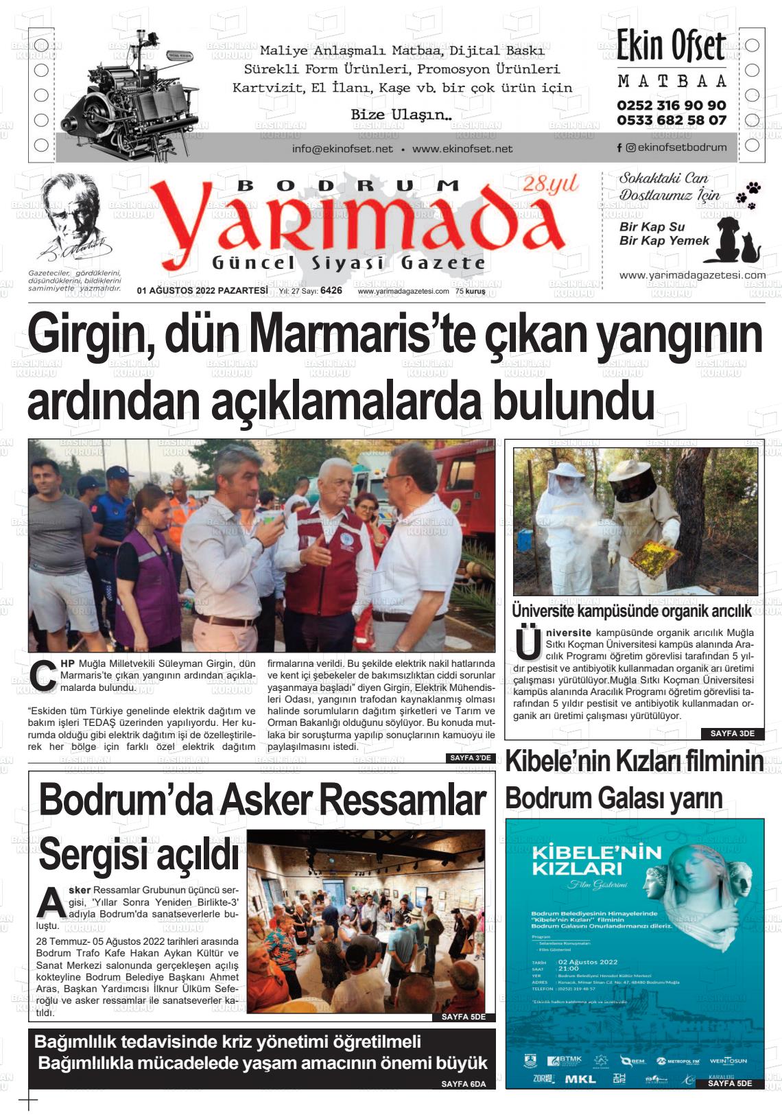 01 Ağustos 2022 Bodrum Yarimada Gazete Manşeti