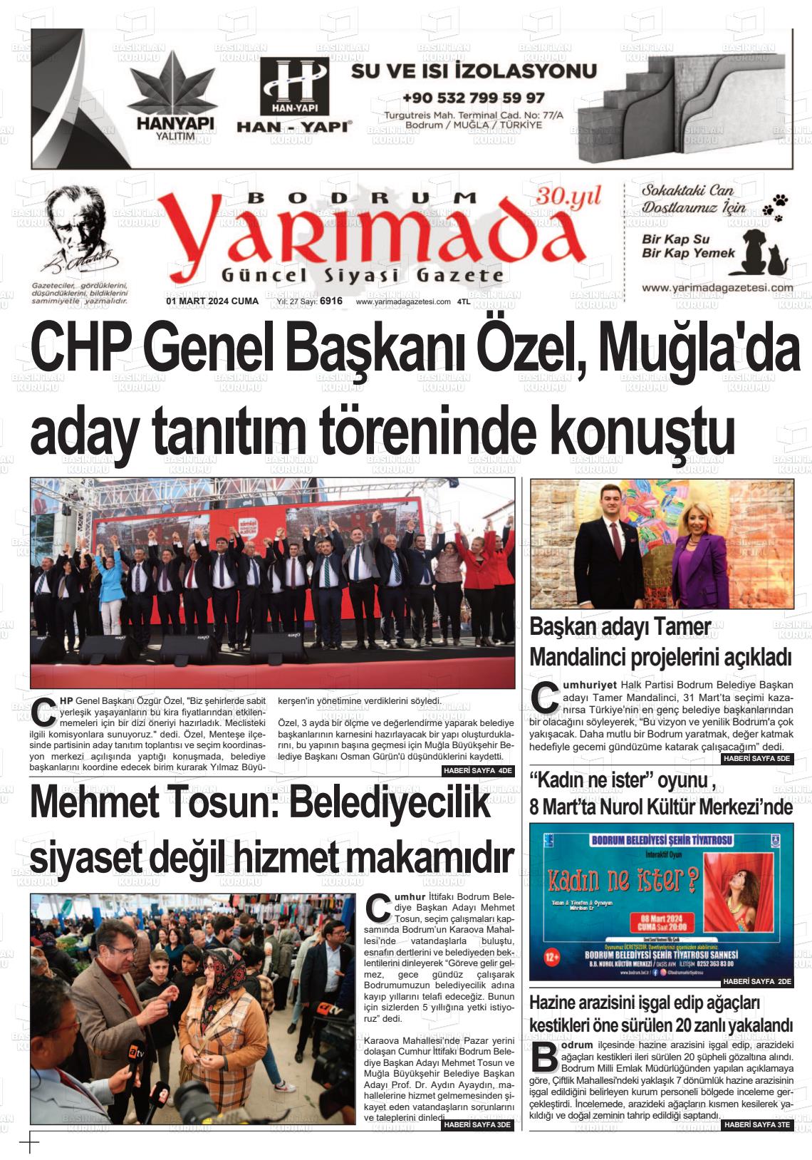 01 Mart 2024 Bodrum Yarimada Gazete Manşeti