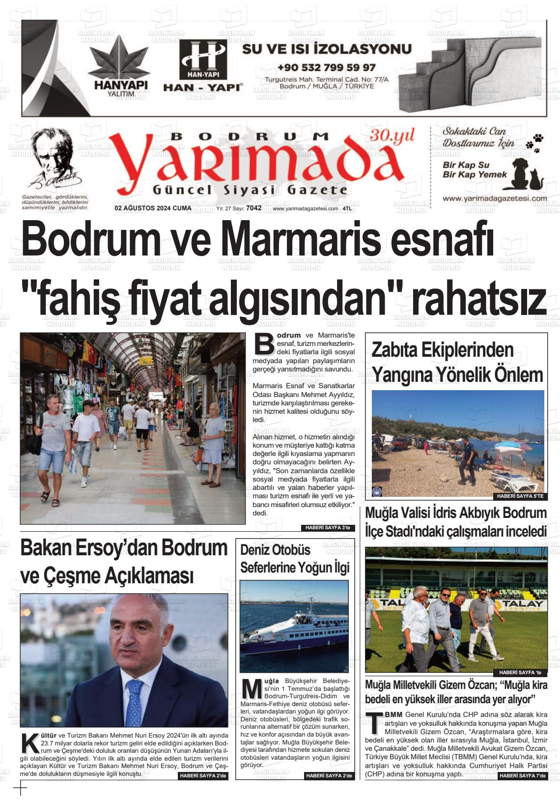 02 Ağustos 2024 Bodrum Yarimada Gazete Manşeti