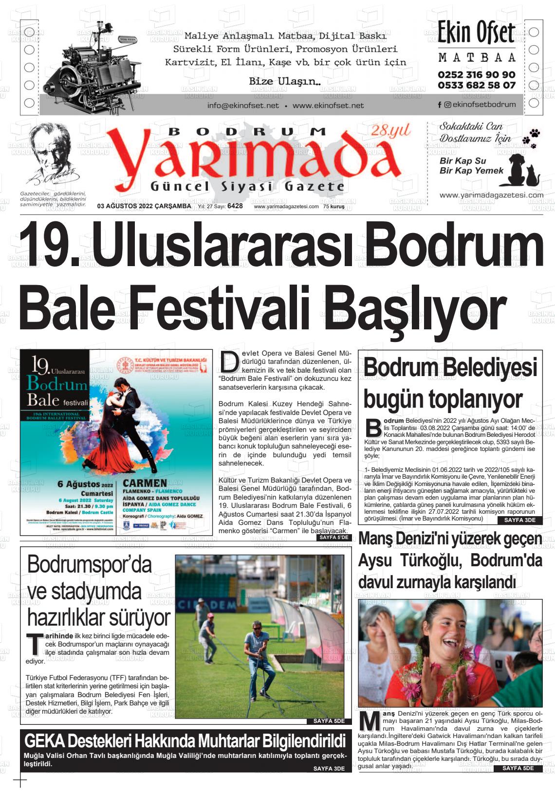 03 Ağustos 2022 Bodrum Yarimada Gazete Manşeti