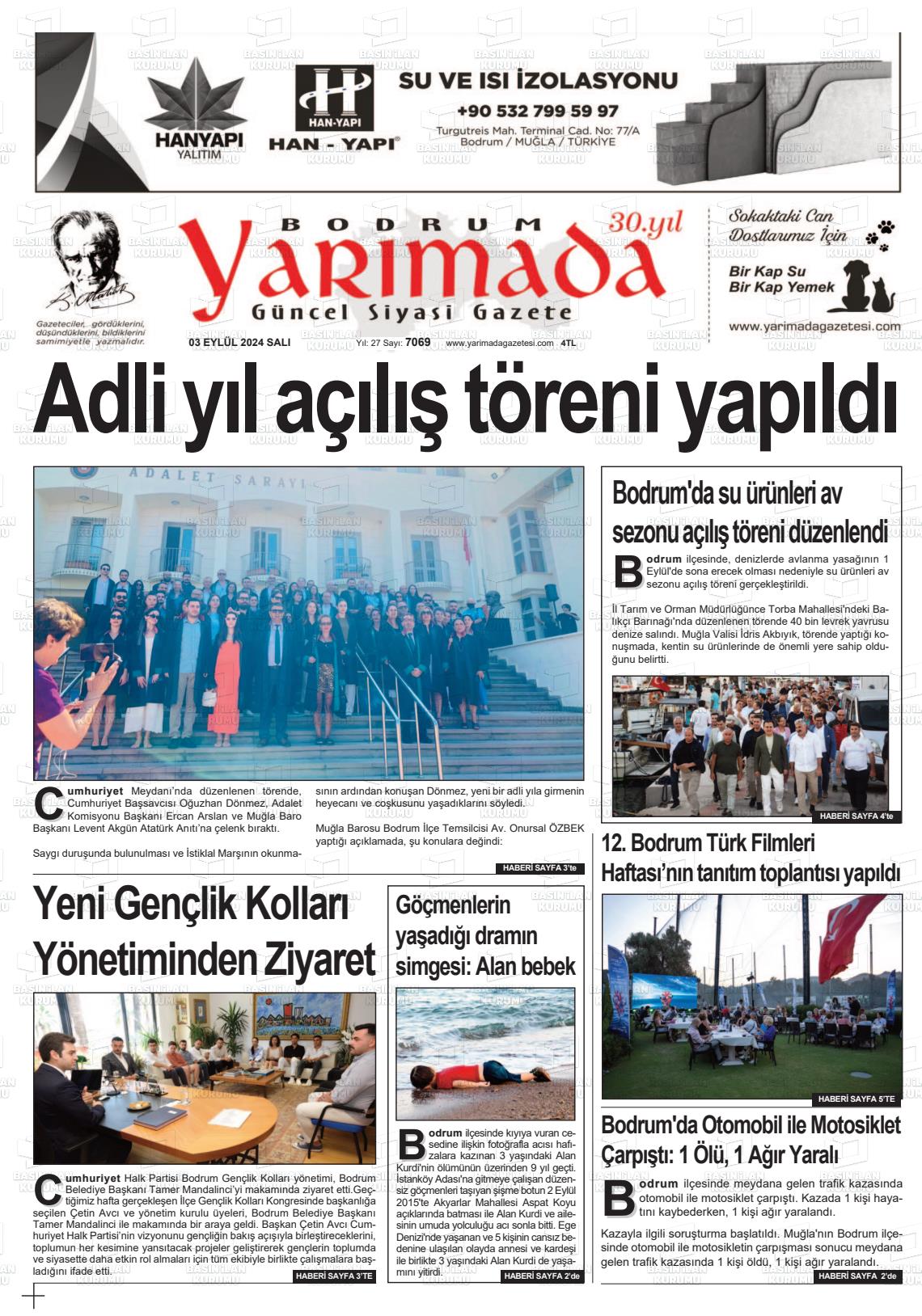 03 Eylül 2024 Bodrum Yarimada Gazete Manşeti