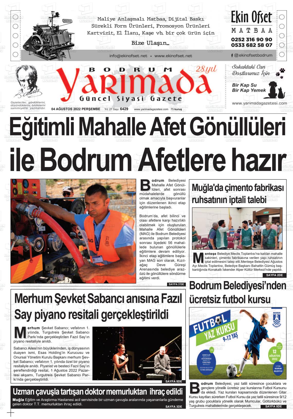 04 Ağustos 2022 Bodrum Yarimada Gazete Manşeti