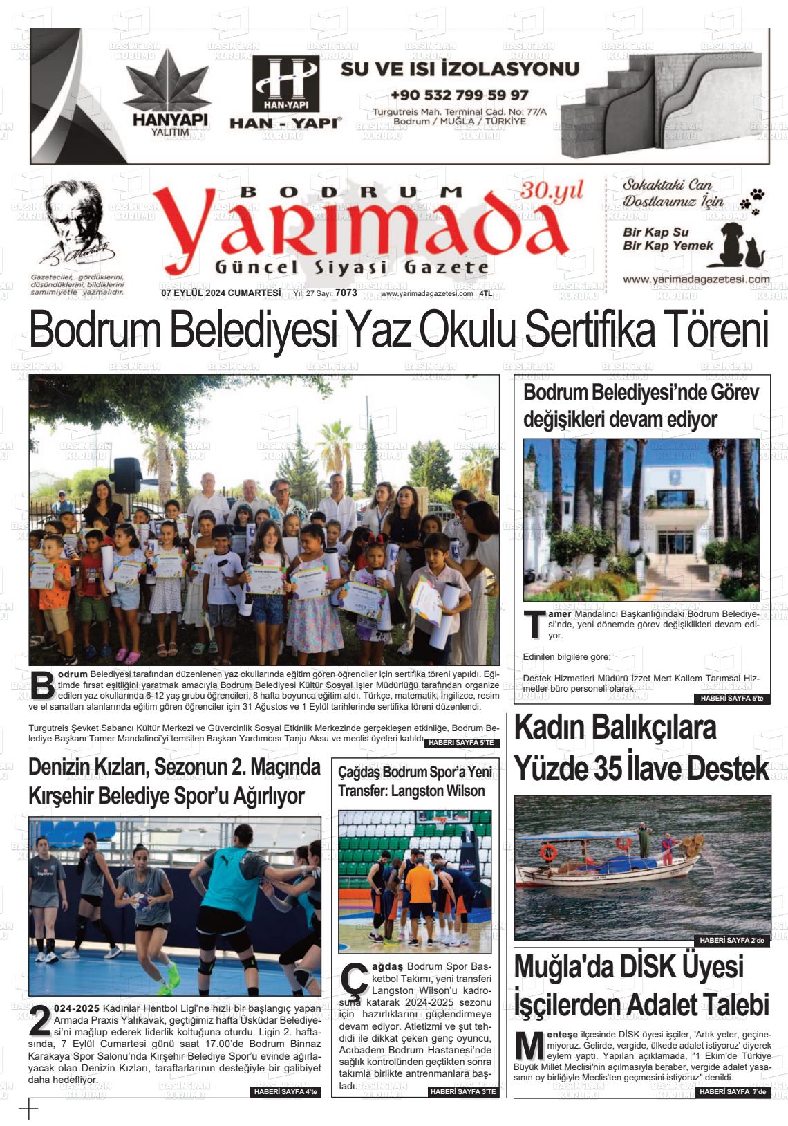 07 Eylül 2024 Bodrum Yarimada Gazete Manşeti