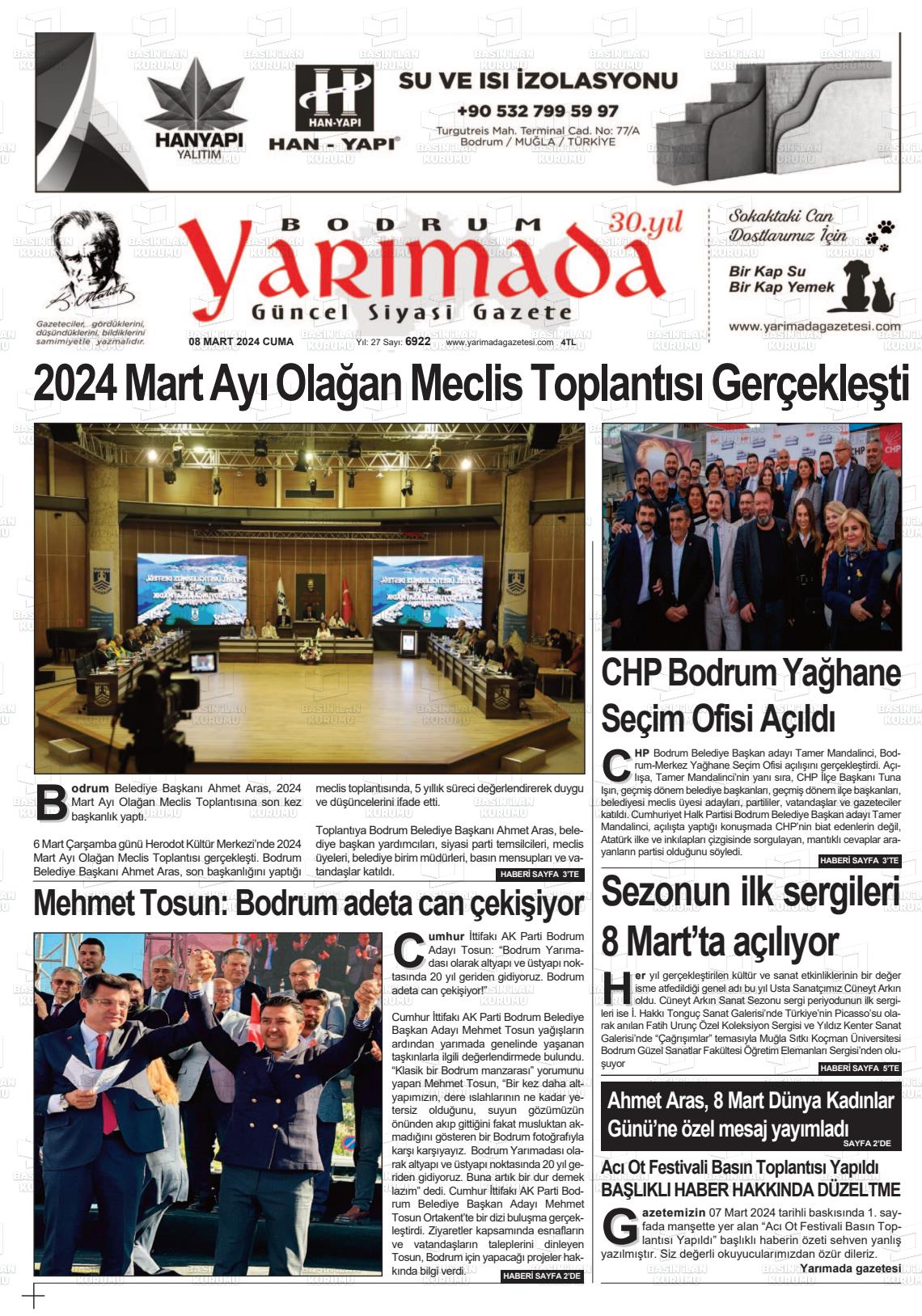 08 Mart 2024 Bodrum Yarimada Gazete Manşeti