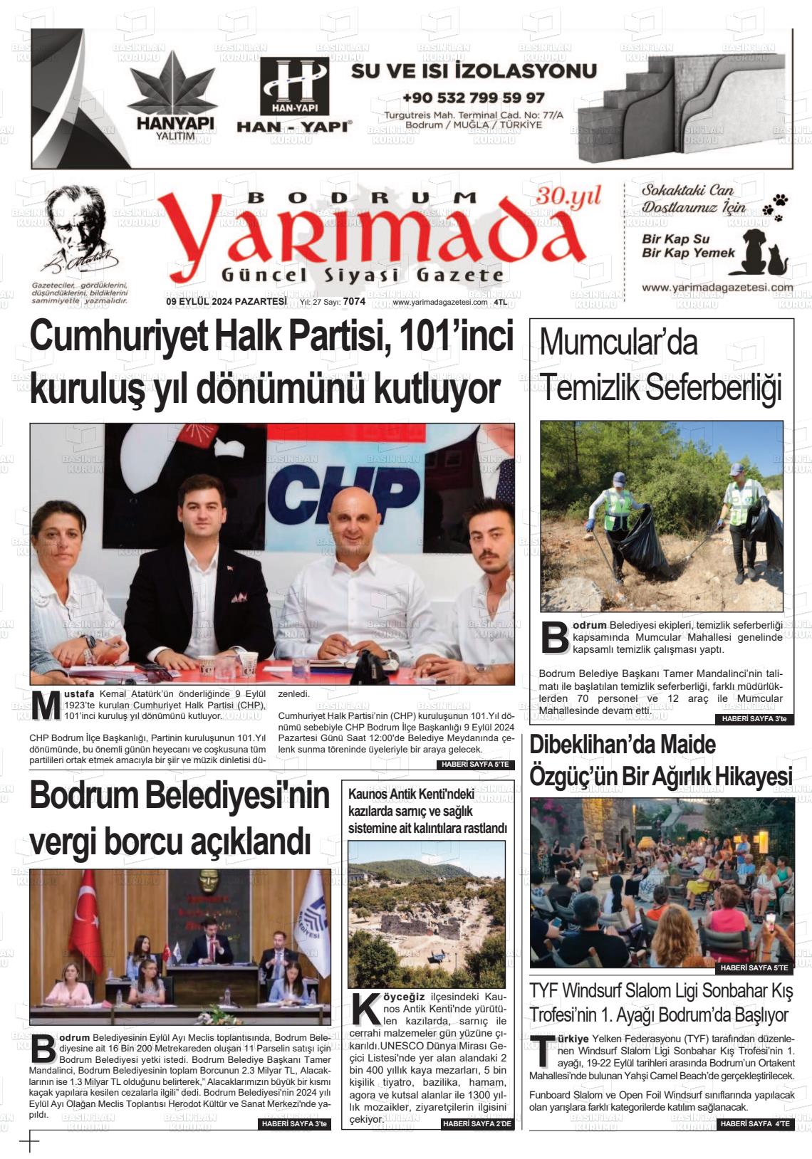 09 Eylül 2024 Bodrum Yarimada Gazete Manşeti