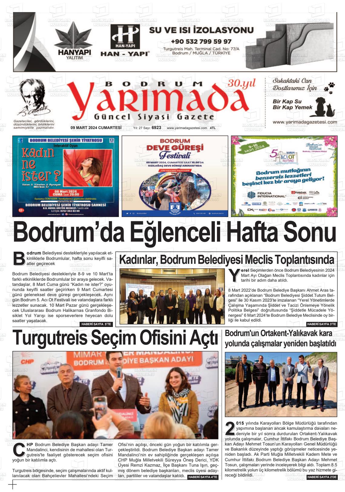 09 Mart 2024 Bodrum Yarimada Gazete Manşeti