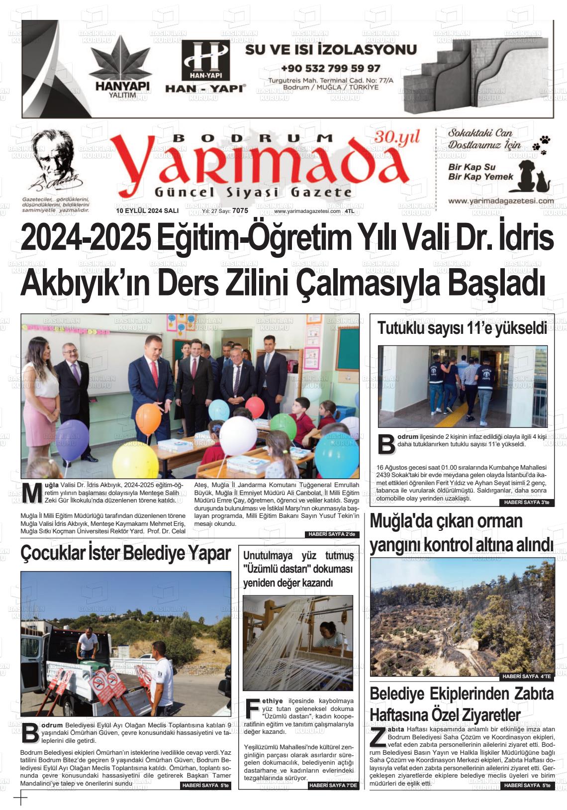 10 Eylül 2024 Bodrum Yarimada Gazete Manşeti