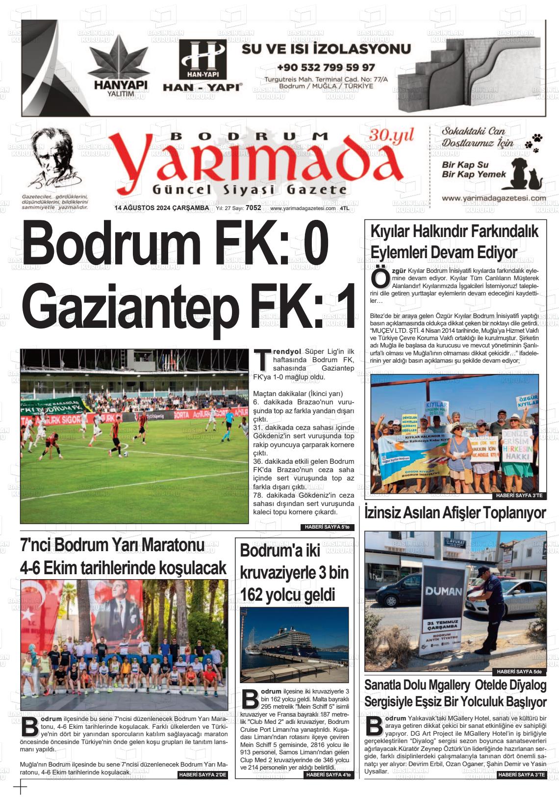 14 Ağustos 2024 Bodrum Yarimada Gazete Manşeti