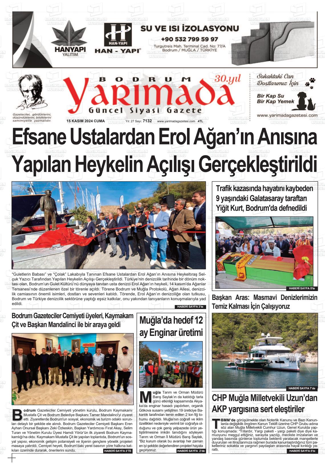 15 Kasım 2024 Bodrum Yarimada Gazete Manşeti