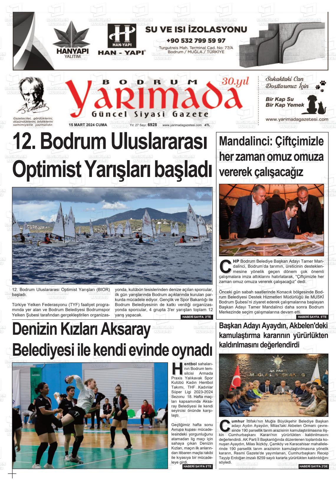 15 Mart 2024 Bodrum Yarimada Gazete Manşeti