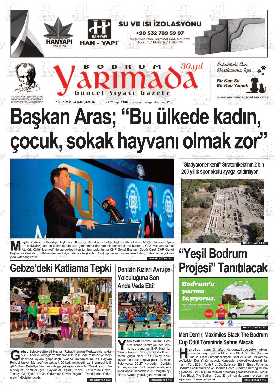 16 Ekim 2024 Bodrum Yarimada Gazete Manşeti