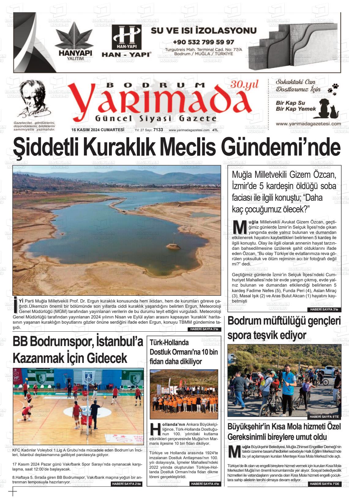 16 Kasım 2024 Bodrum Yarimada Gazete Manşeti