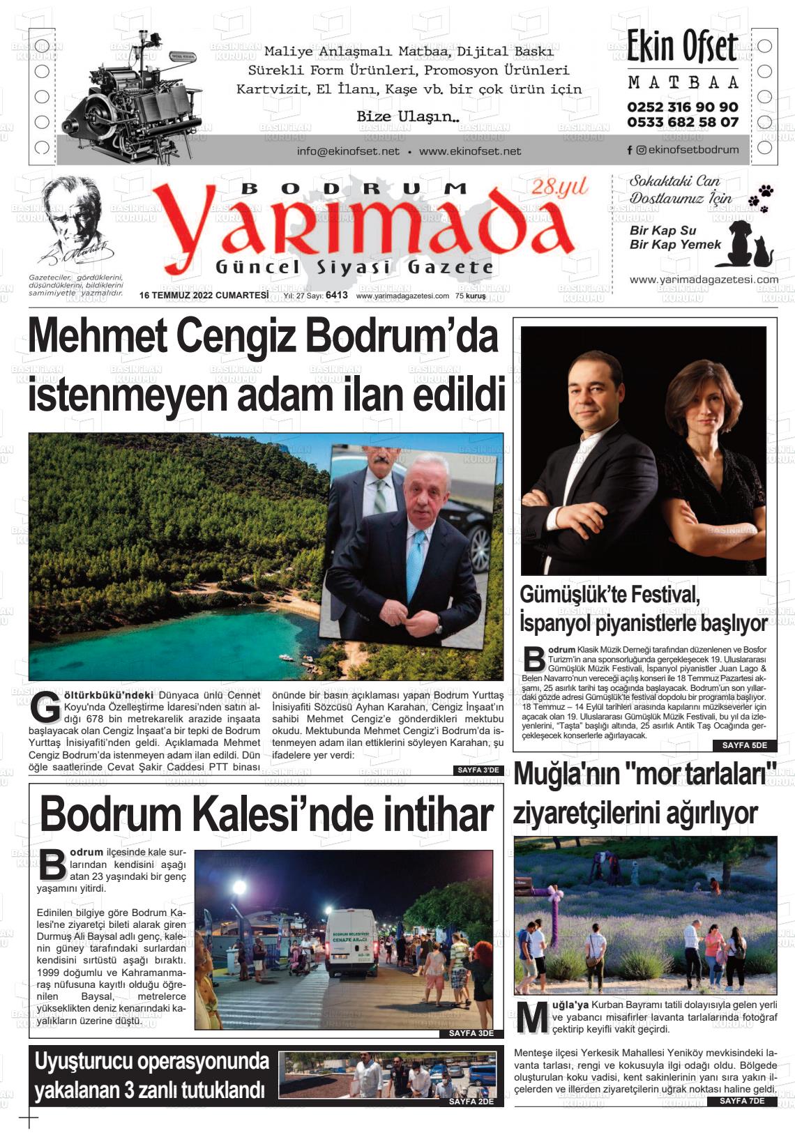 16 Temmuz 2022 Bodrum Yarimada Gazete Manşeti